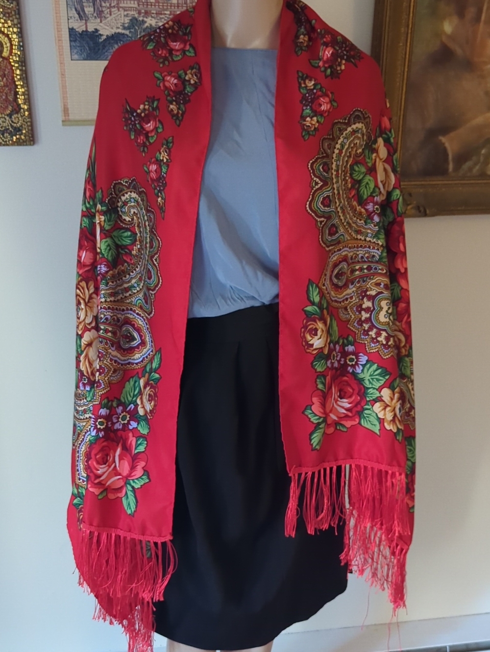 Red Floral Paisley Fringe Shawl